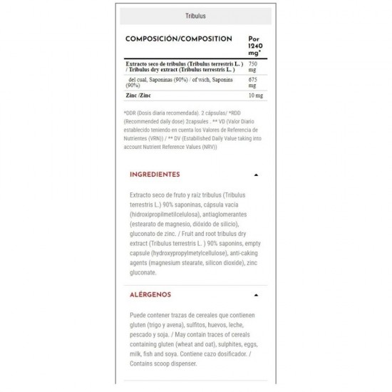 Tribulus Terrestris + Zinc 60 Cáp.